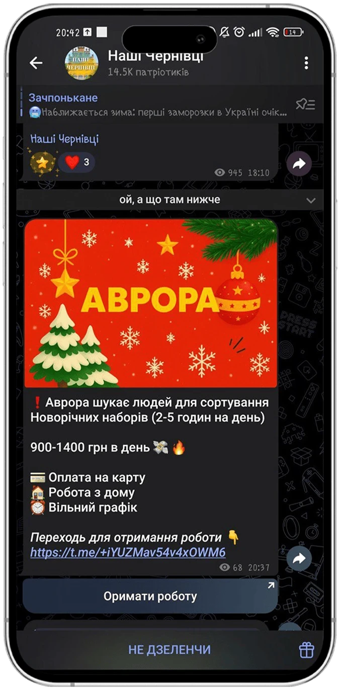 Example of a fake Telegram message claiming to be from Aurora offering highly paid work from home